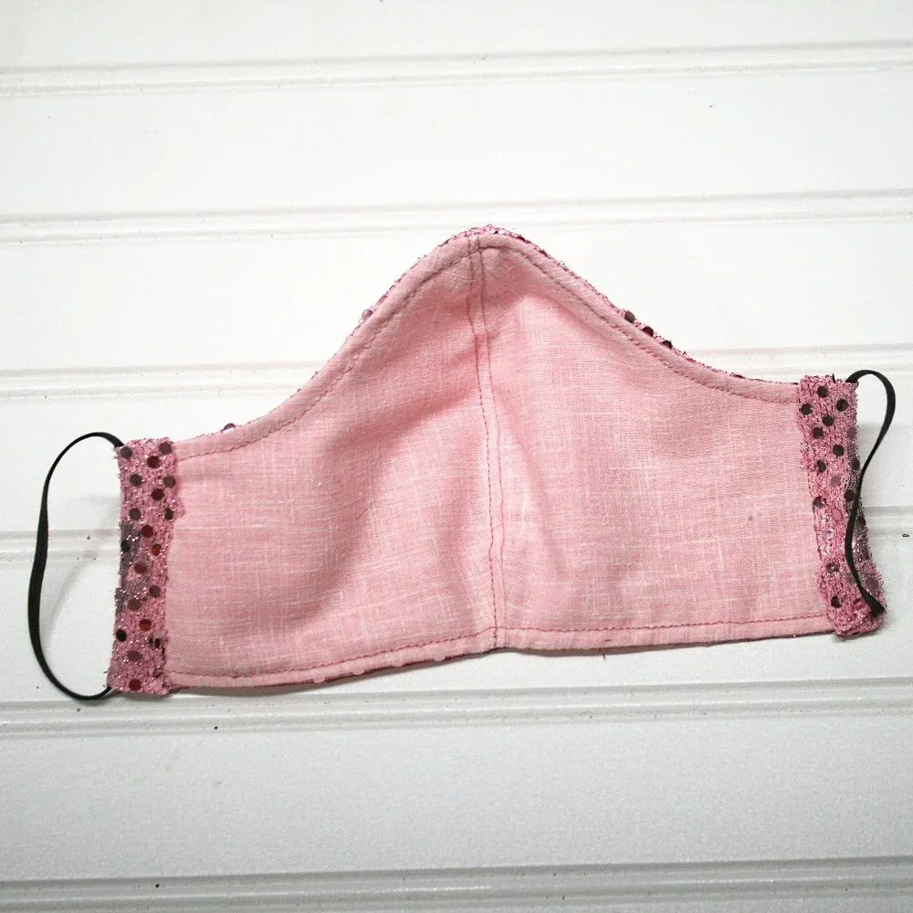 HAND CRAFTED Face Mask Baby Pink Confetti Dot Sequin - Adult - Shield Style